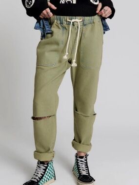 One Teaspoon Shabbies Low Waist Drawstring Boyfriend Denim Jeans Khaki Haze 26